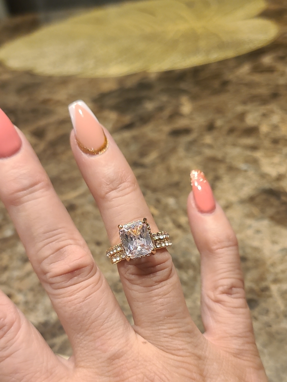 Gold Tone CZ Wedding Set Radiant Cut Centerstone Hidden Halo Size 5